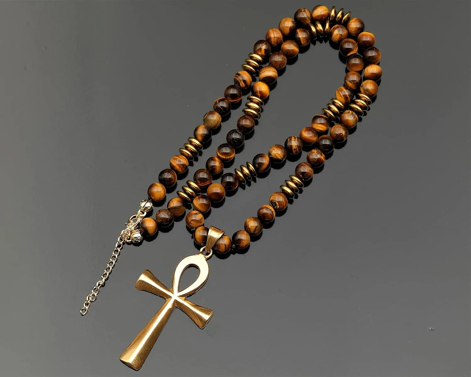 ElisaJewelryArt - Natural Tiger Eye Beaded Ankh Pendant Necklace Genuine Gemstone Fear Stone Clasp Closure Egyptian Necklace Unisex Necklace (22, Tiger Eye)