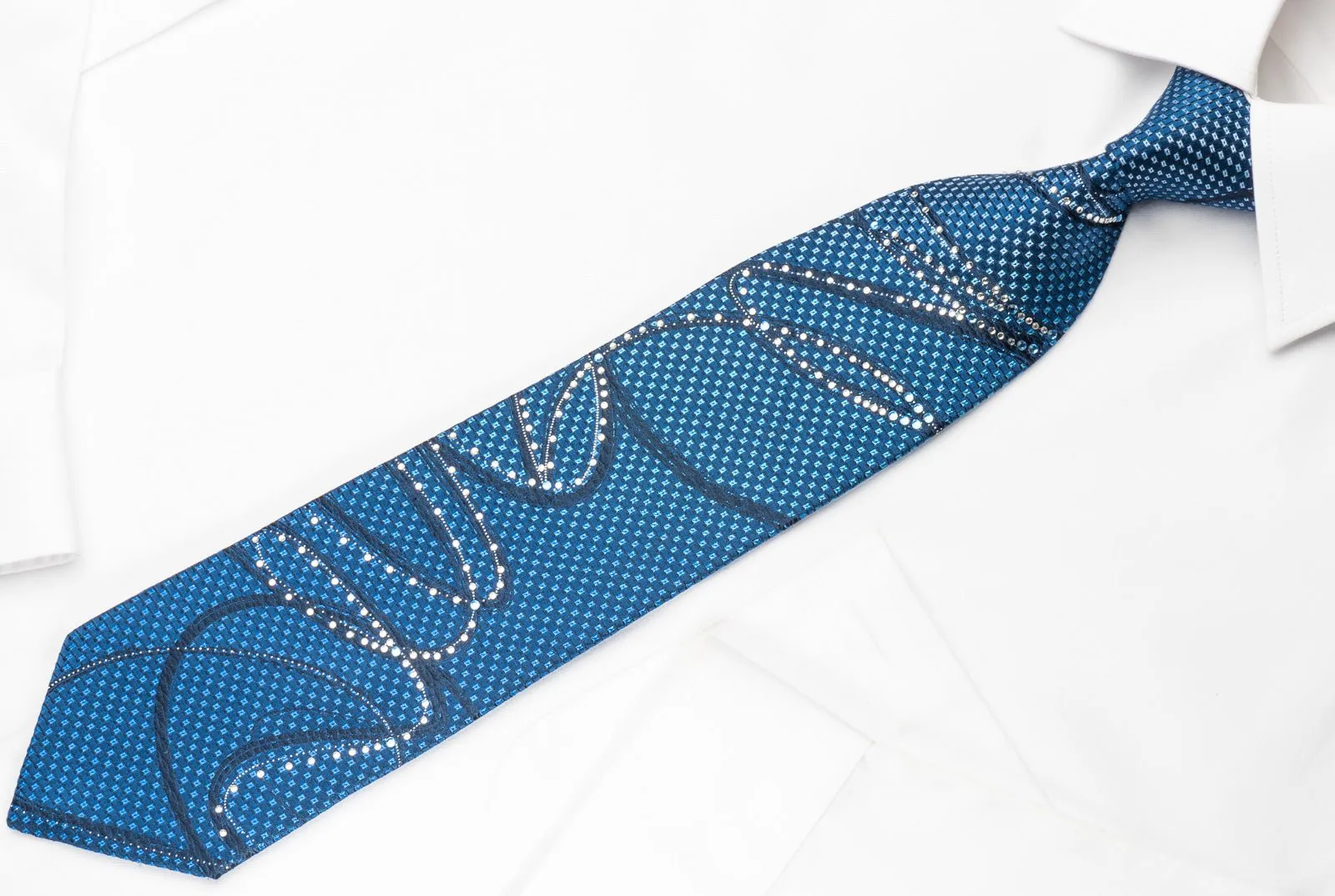 Elle Homme Rhinestone Necktie Scrolls On Blue With Silver Sparkles