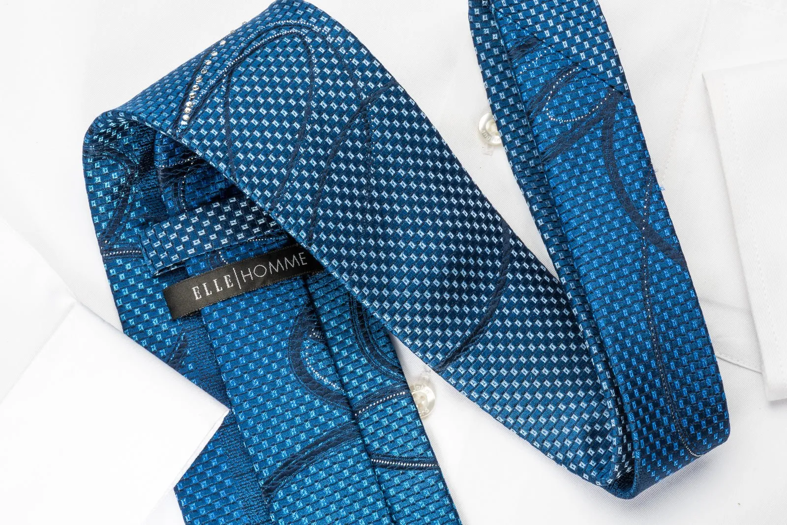Elle Homme Rhinestone Necktie Scrolls On Blue With Silver Sparkles