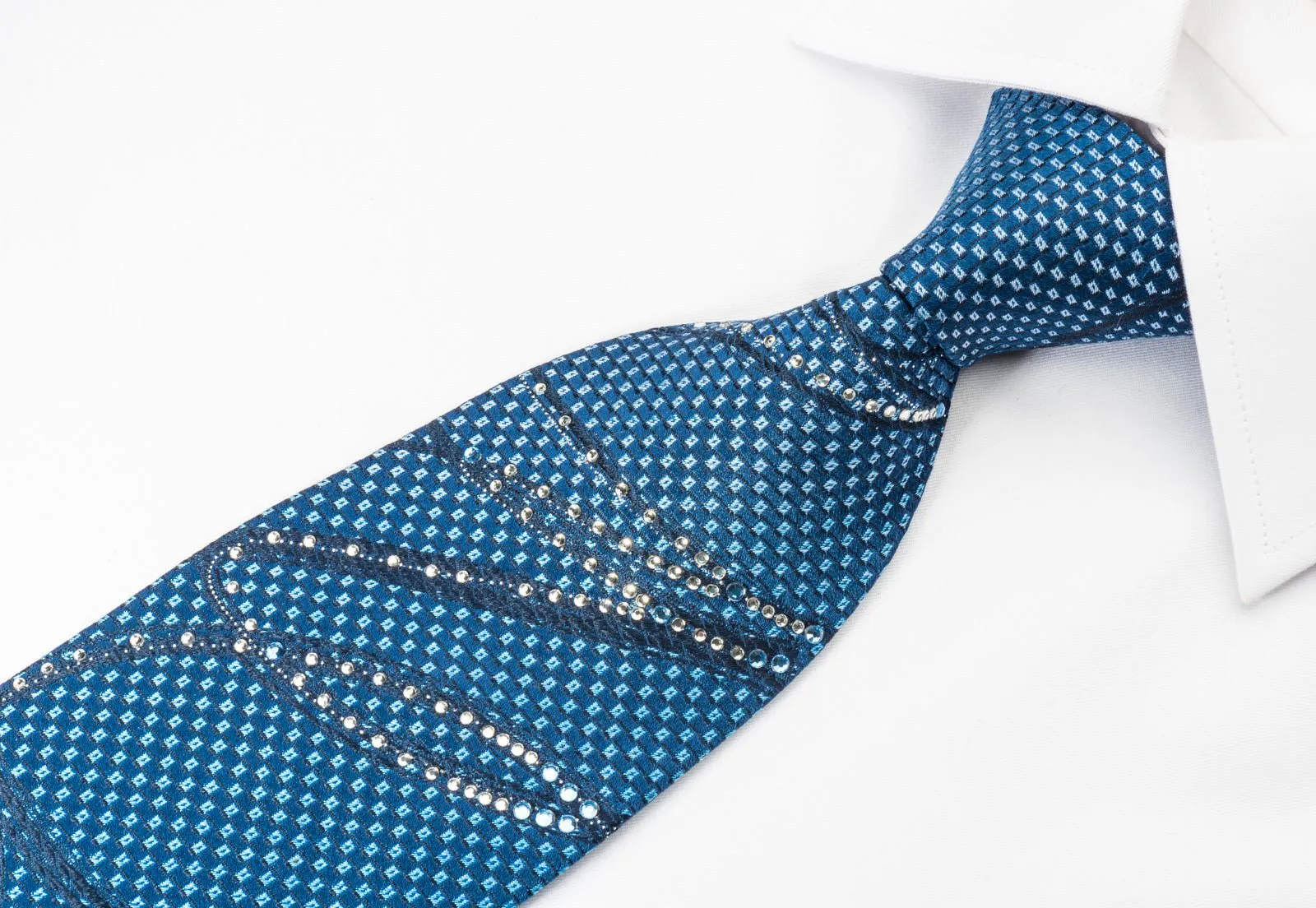Elle Homme Rhinestone Necktie Scrolls On Blue With Silver Sparkles