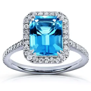 Emerald Cut Swiss Blue Topaz and Diamond Halo Ring 3ct CTW 14k White Gold