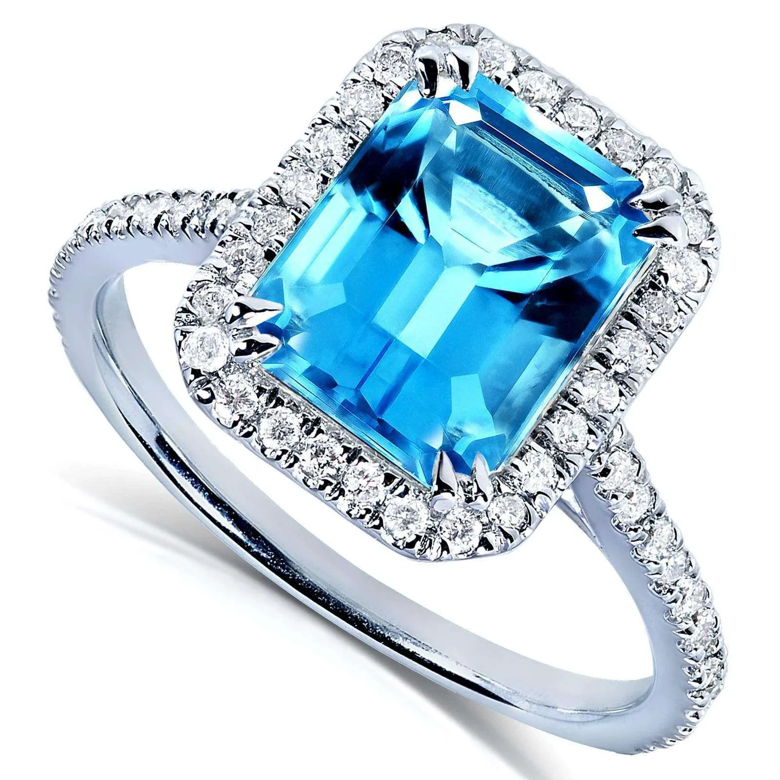 Emerald Cut Swiss Blue Topaz and Diamond Halo Ring 3ct CTW 14k White Gold