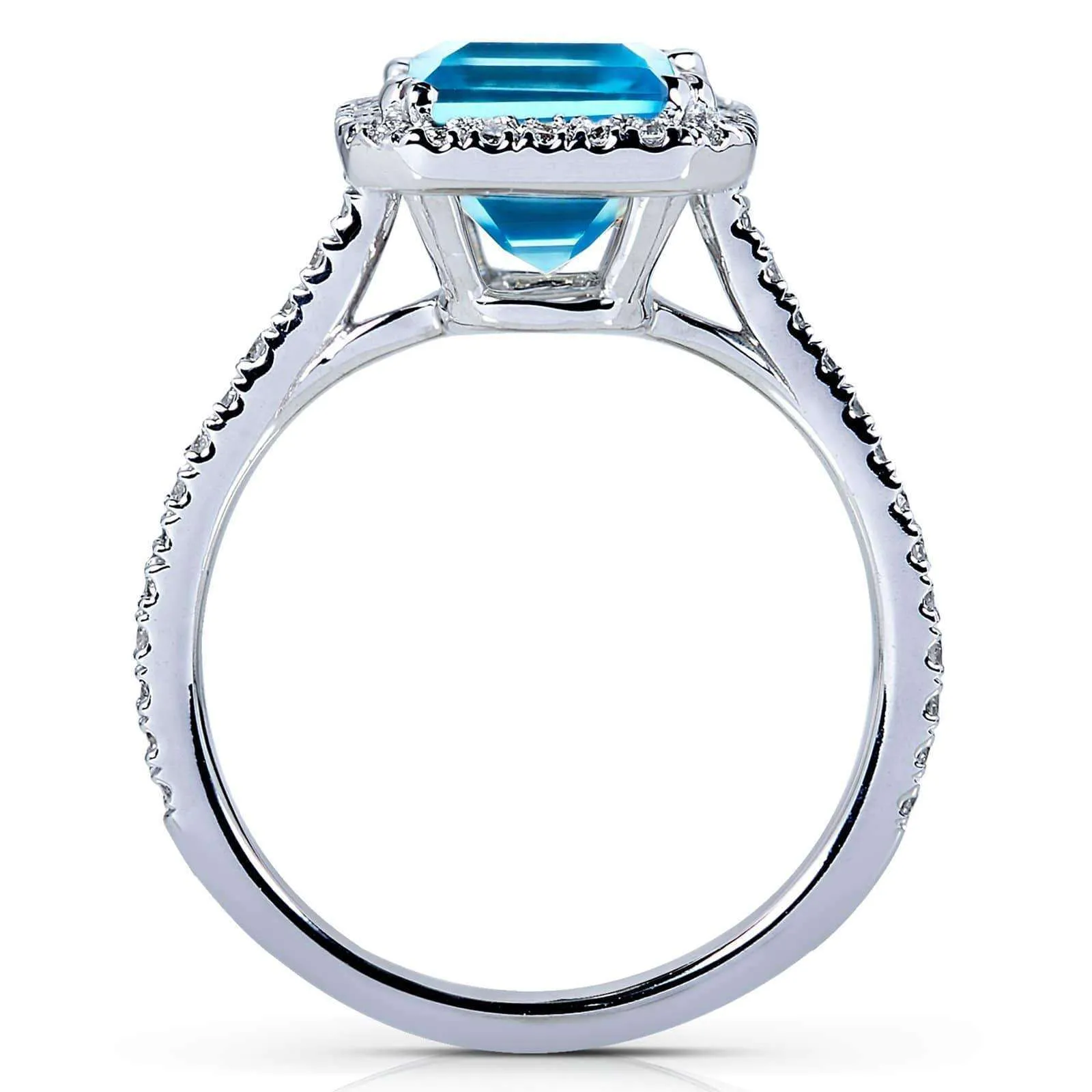Emerald Cut Swiss Blue Topaz and Diamond Halo Ring 3ct CTW 14k White Gold