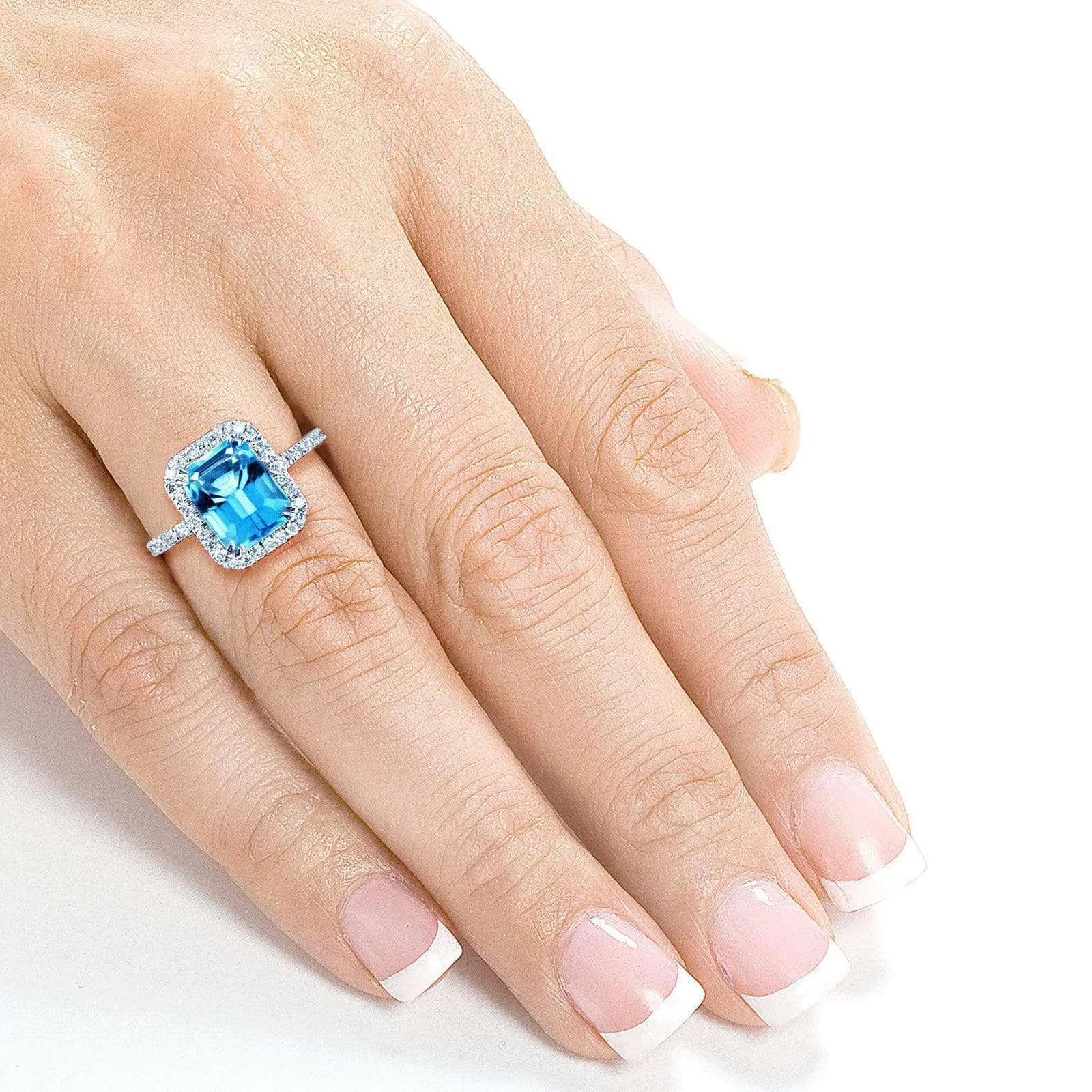 Emerald Cut Swiss Blue Topaz and Diamond Halo Ring 3ct CTW 14k White Gold