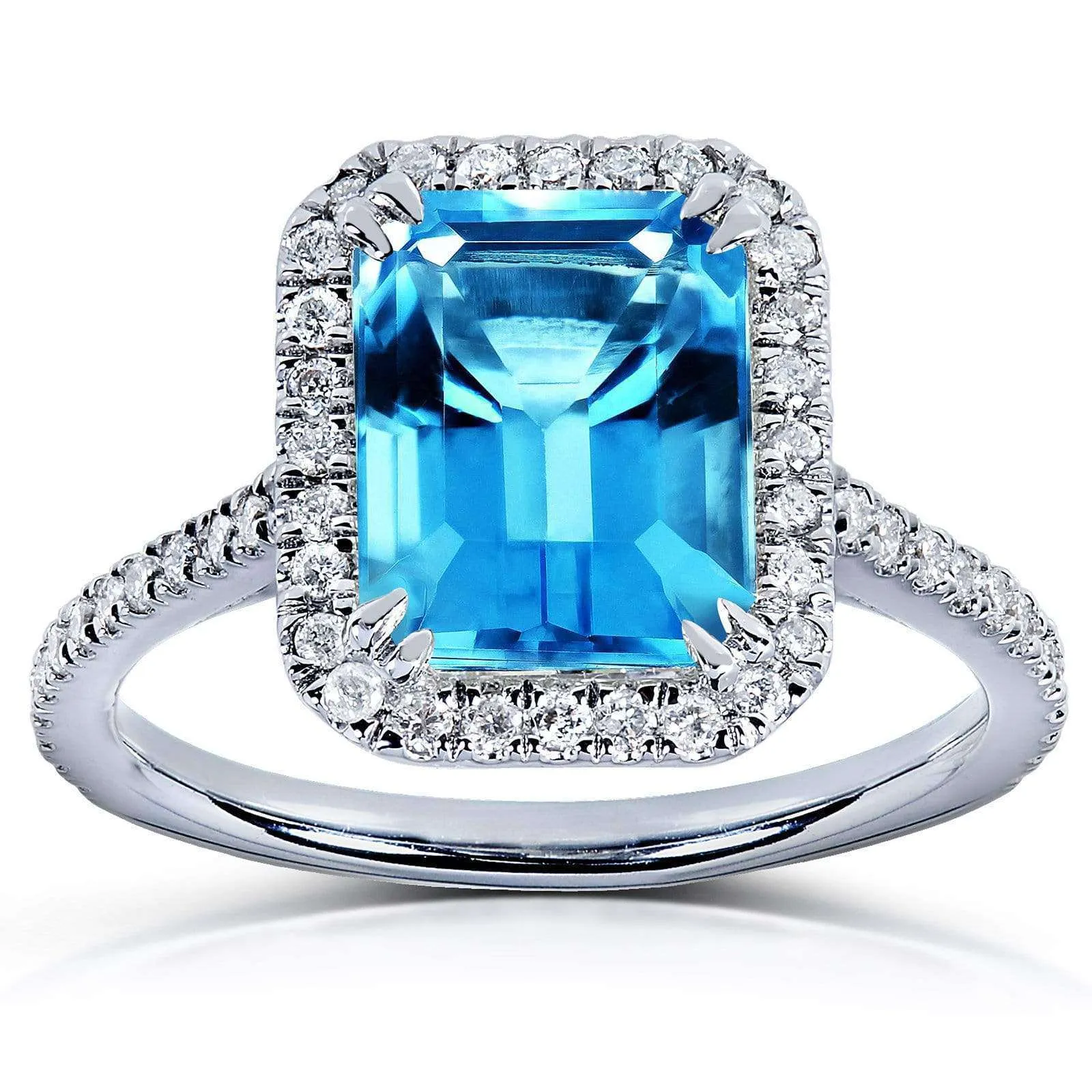 Emerald Cut Swiss Blue Topaz and Diamond Halo Ring 3ct CTW 14k White Gold