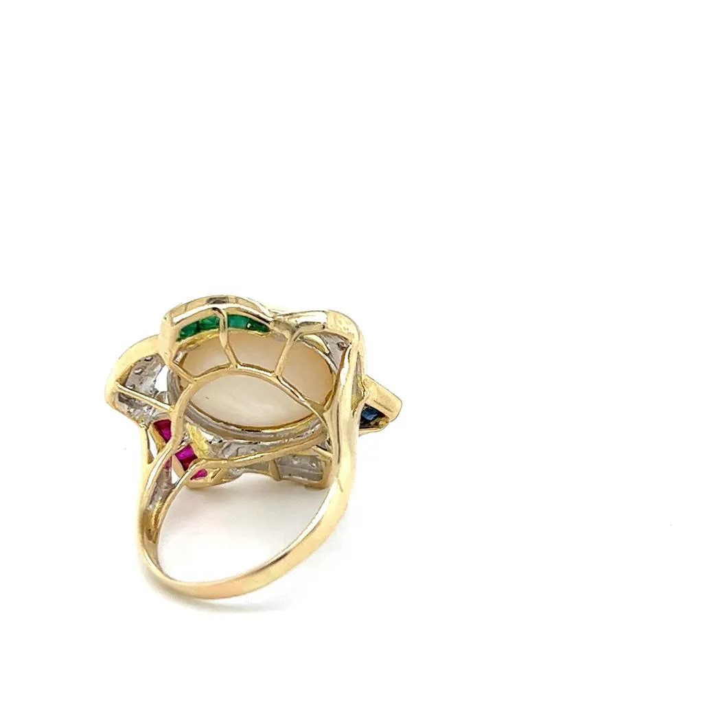 Estate 14K Yellow Gold 14.5mm Mabe Pearl, Gemstone & Diamond Halo Star Ring