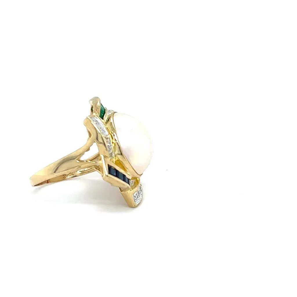Estate 14K Yellow Gold 14.5mm Mabe Pearl, Gemstone & Diamond Halo Star Ring