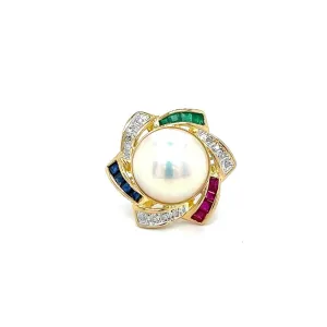 Estate 14K Yellow Gold 14.5mm Mabe Pearl, Gemstone & Diamond Halo Star Ring