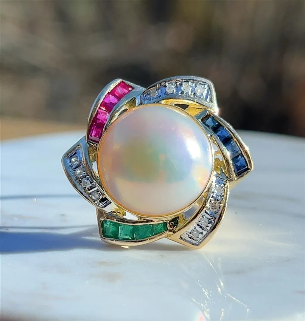 Estate 14K Yellow Gold 14.5mm Mabe Pearl, Gemstone & Diamond Halo Star Ring