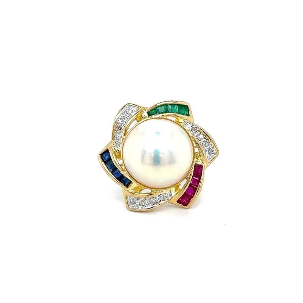 Estate 14K Yellow Gold 14.5mm Mabe Pearl, Gemstone & Diamond Halo Star Ring