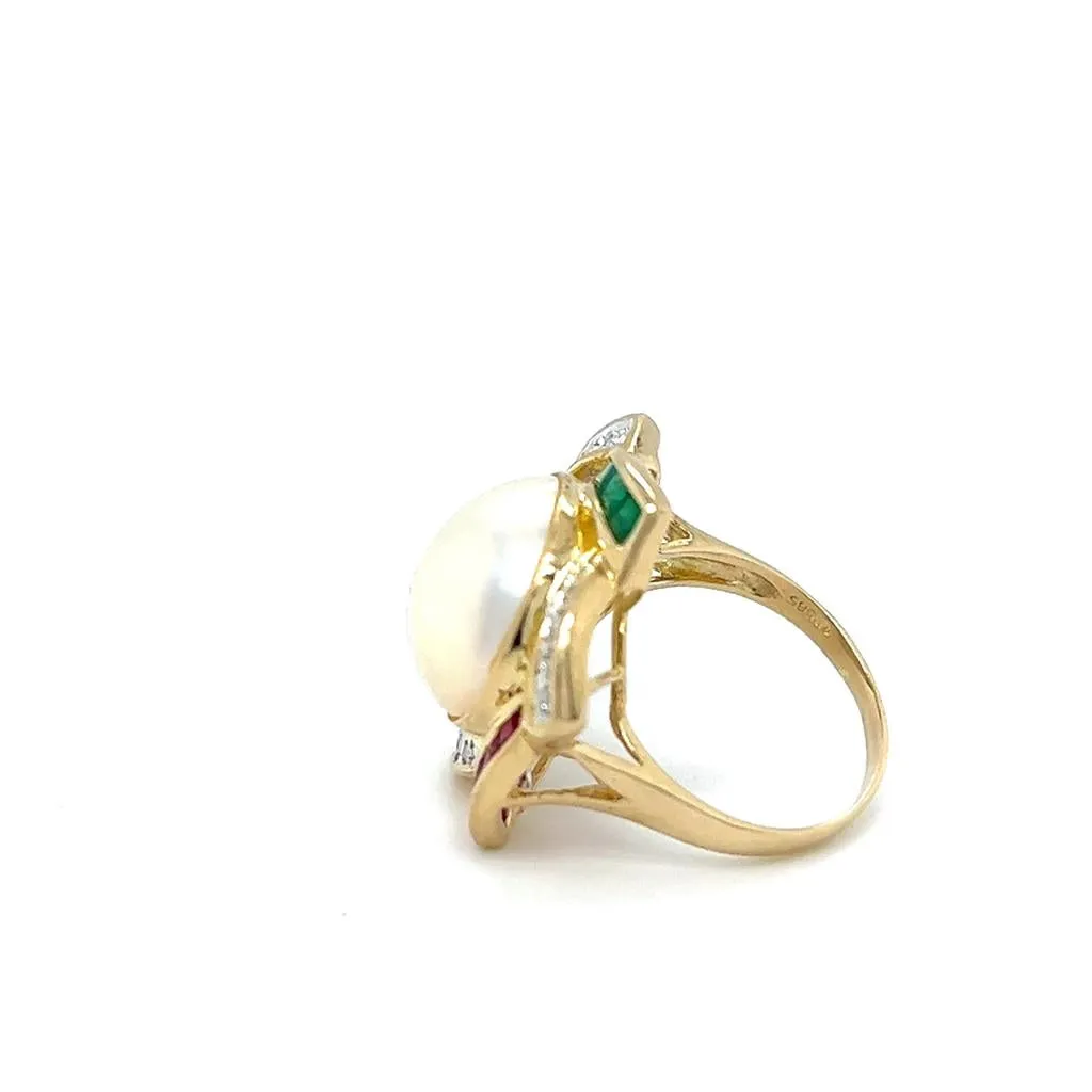 Estate 14K Yellow Gold 14.5mm Mabe Pearl, Gemstone & Diamond Halo Star Ring