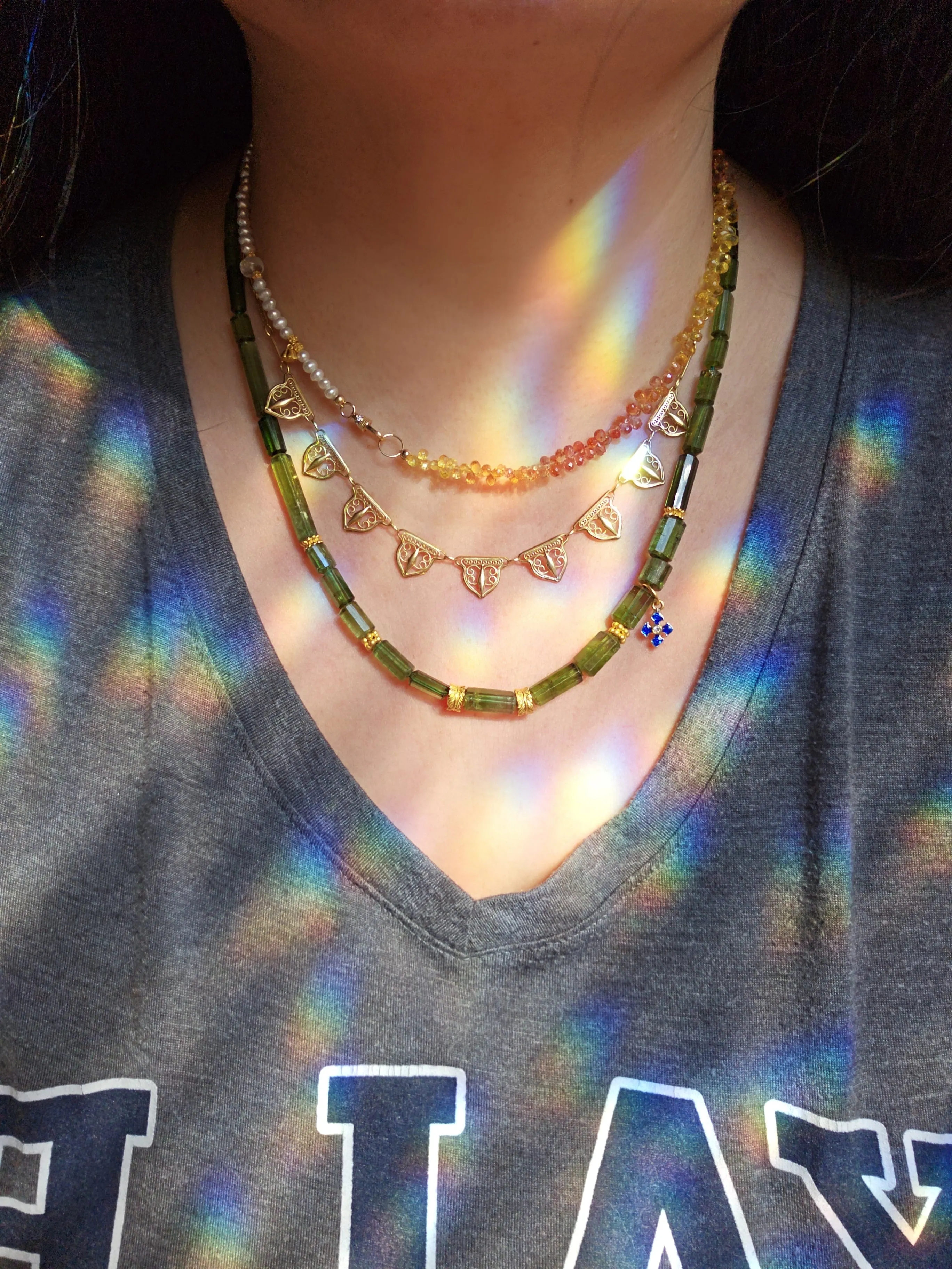 Fancy Sapphire, Freshwater Pearl and Rainbow Moonstone Halfsie 18K Gold Gemstone Necklace