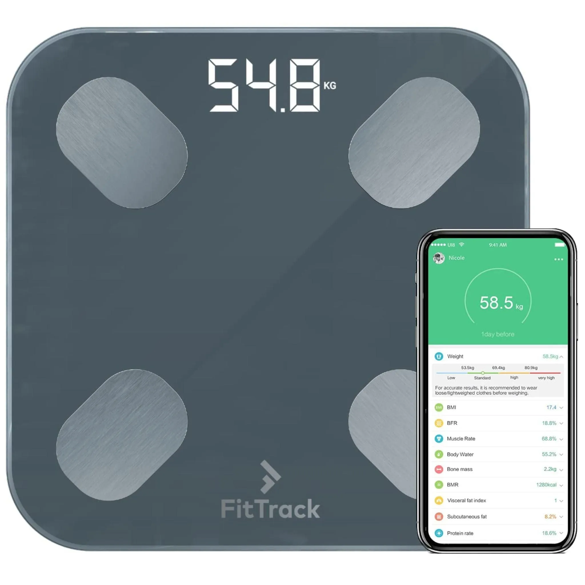 FitTrack Dara Smart BMI Digital Scale, Measures Weight and Body Fat