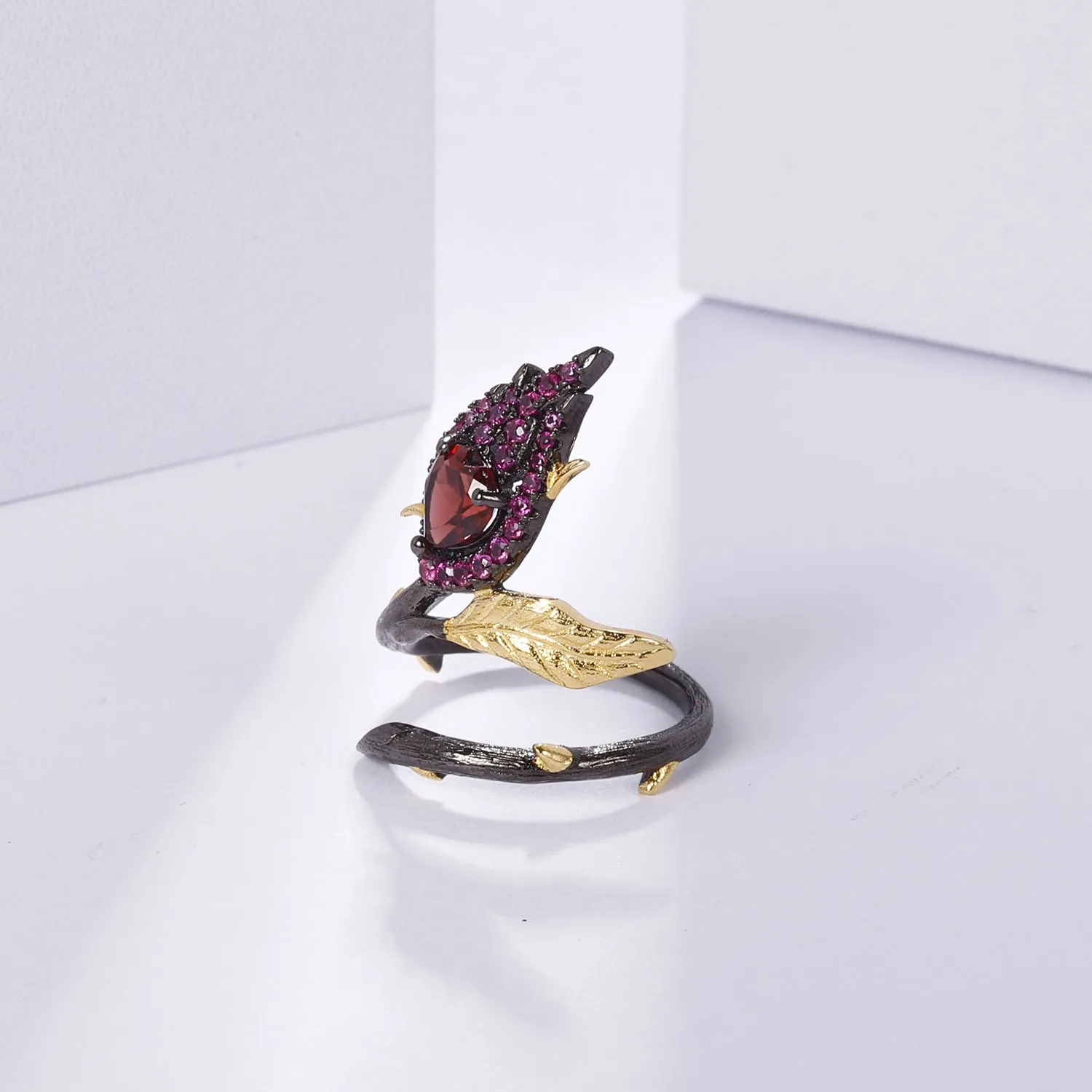 Floral Heart Shape Natural Gemstone Opening Silver Ring