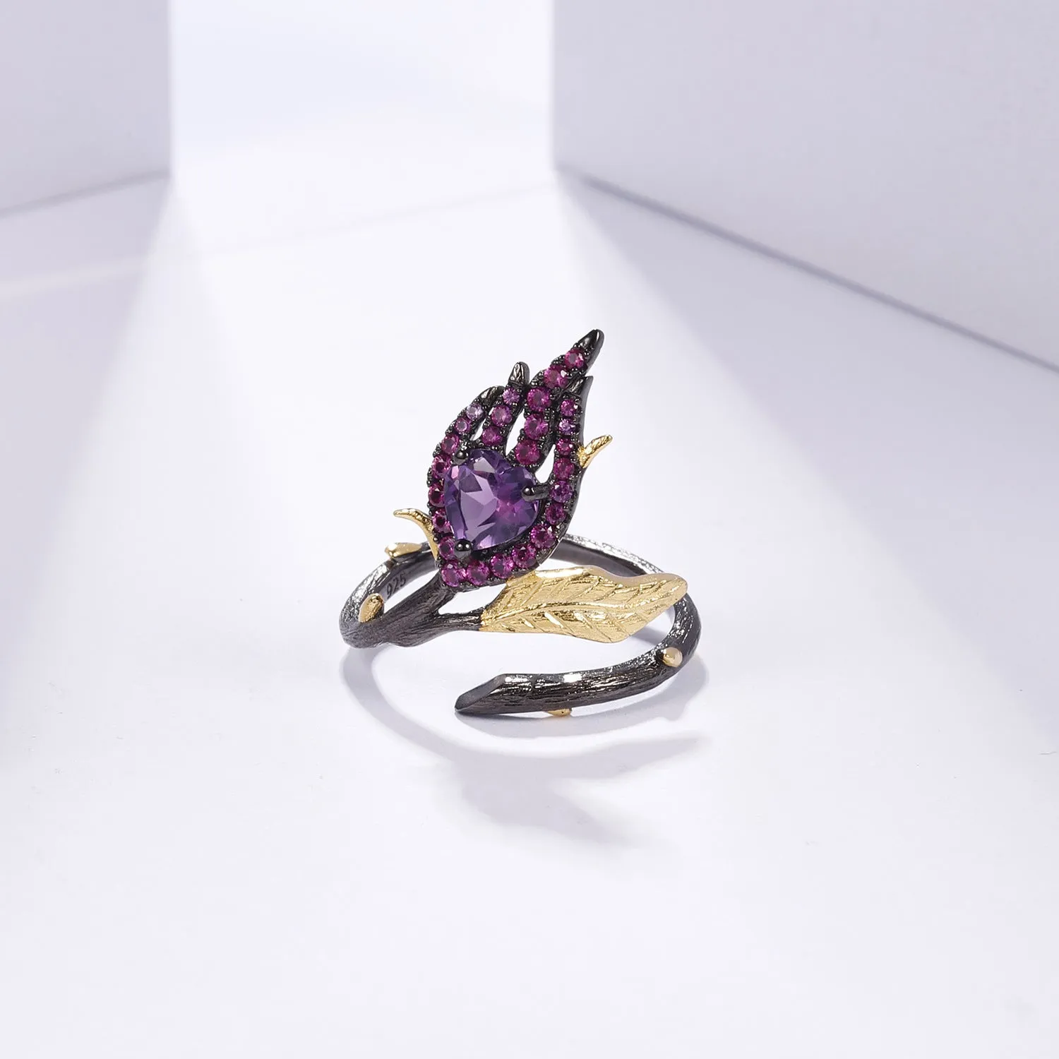 Floral Heart Shape Natural Gemstone Opening Silver Ring