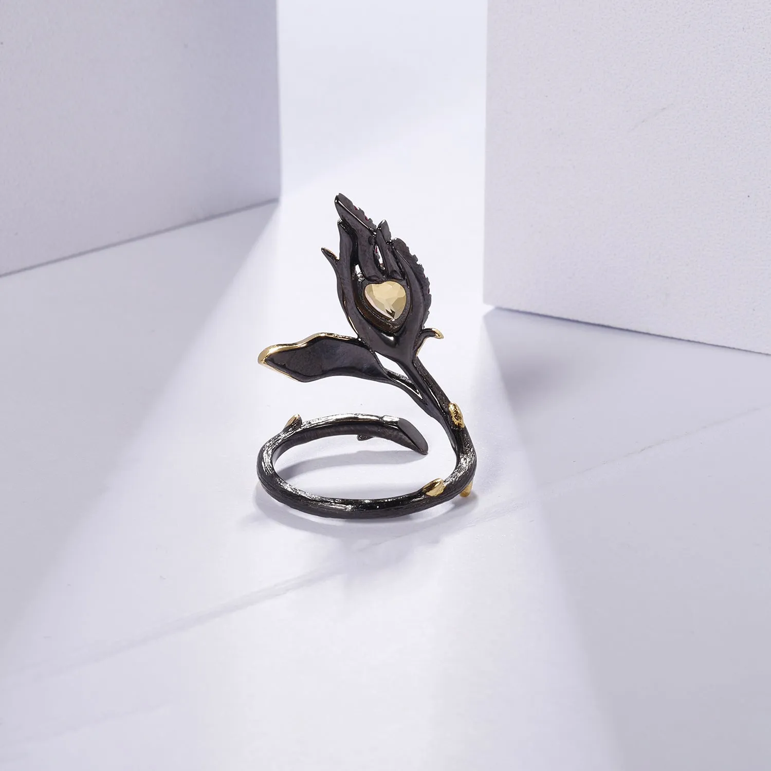 Floral Heart Shape Natural Gemstone Opening Silver Ring