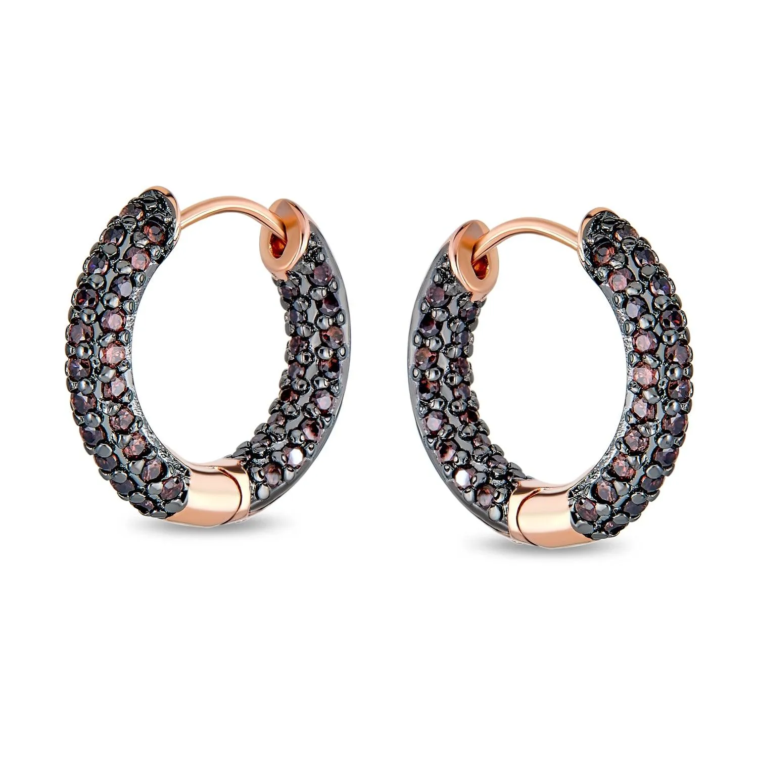 Formal Party CZ Hoop Earrings Morganite PinkBrown Rose Gold Black Plated 0.75" Diameter