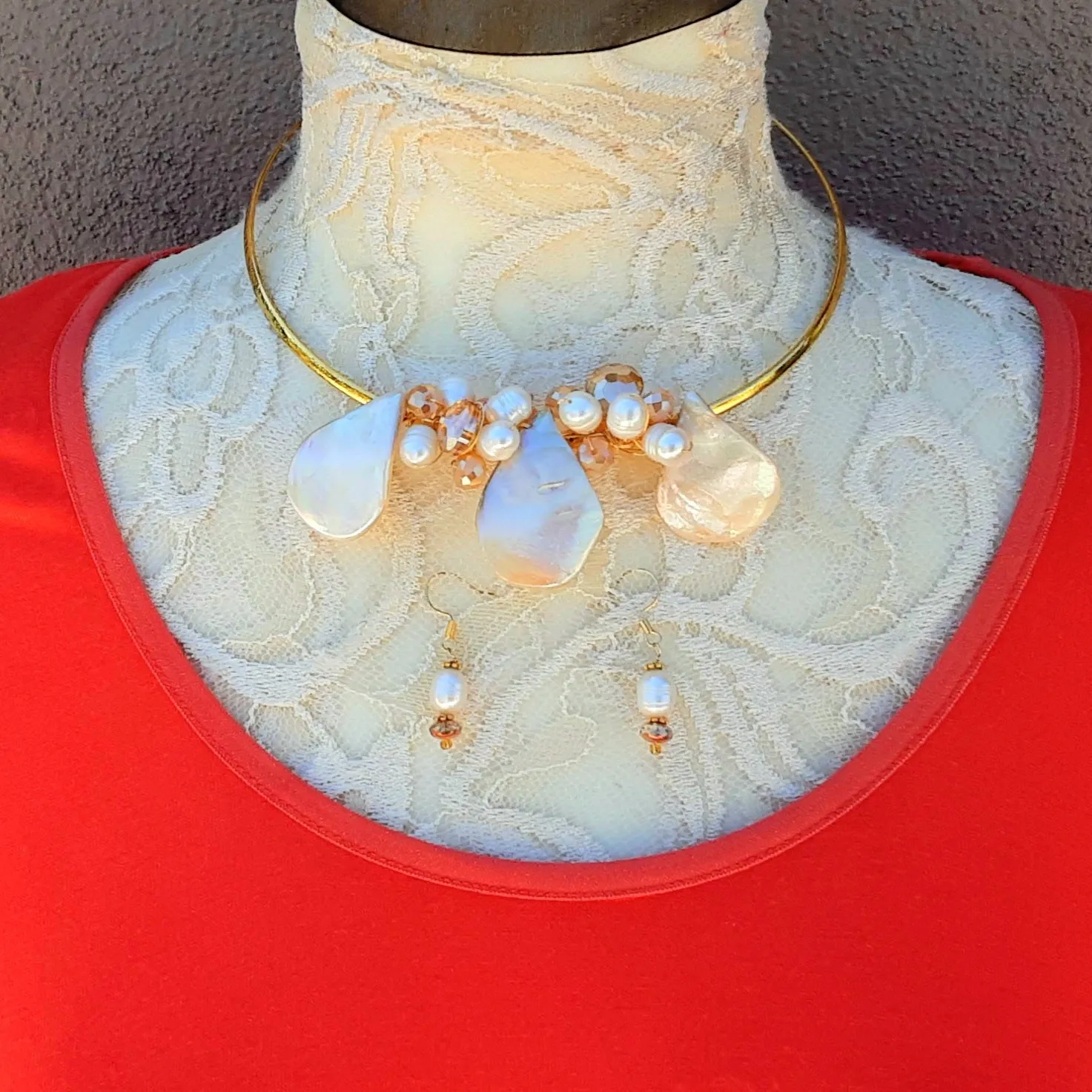 Freshwater Pearl, Crystal and Shell Statement Wire Choker Set - Unique Bridal Beaded Necklace