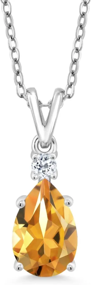 Gem Stone King 925 Sterling Silver Yellow Citrine and White Topaz Pendant Necklace For Women (1.76 Cttw, Gemstone Birthstone, Pear Shape 10X7MM, with 18 Inch Silver Chain)