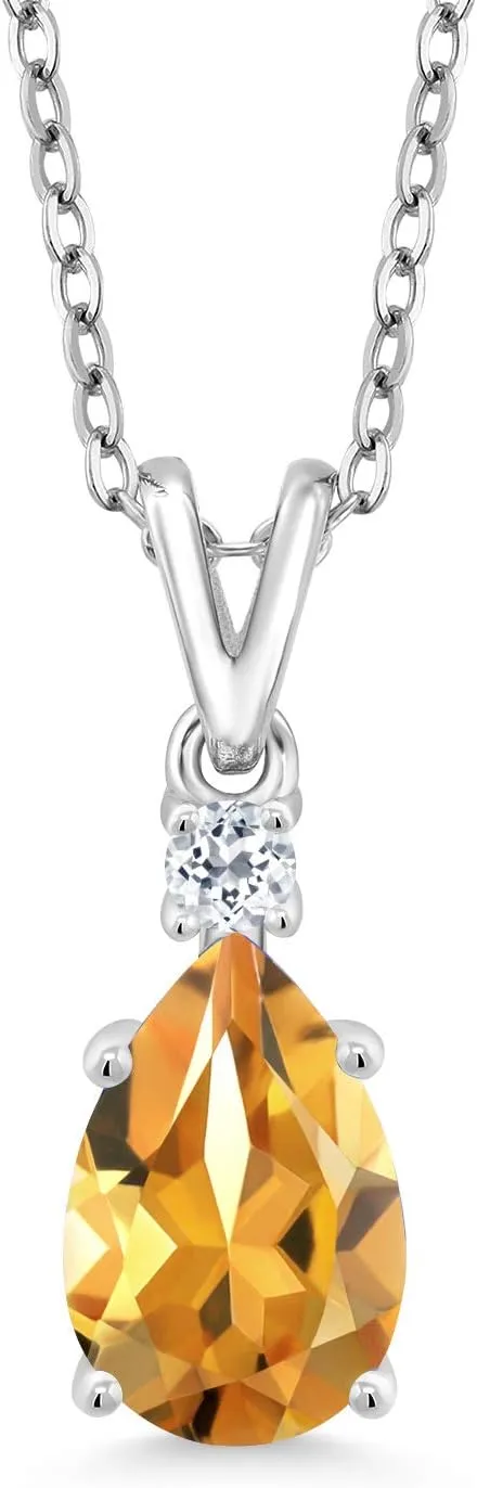 Gem Stone King 925 Sterling Silver Yellow Citrine and White Topaz Pendant Necklace For Women (1.76 Cttw, Gemstone Birthstone, Pear Shape 10X7MM, with 18 Inch Silver Chain)
