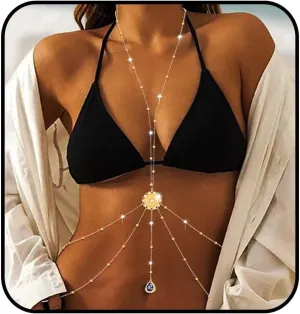 Gold Crystal Body Chains for Women Layered Rhinestone Bikini Bra Chains Beach Belly Waist Chain Summer Beaded Body Jewelry
