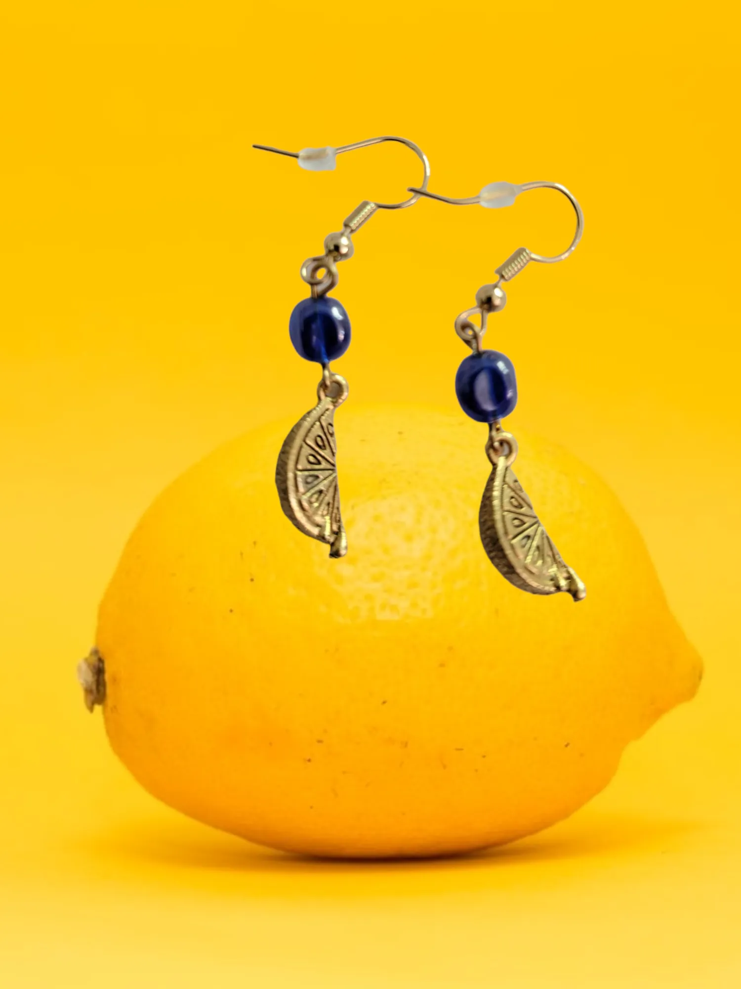 Gold Lemon Earrings with Blue Gemstone Accents | A Bright and Cheerful Way to Add a Touch of Nature to Your Outfit