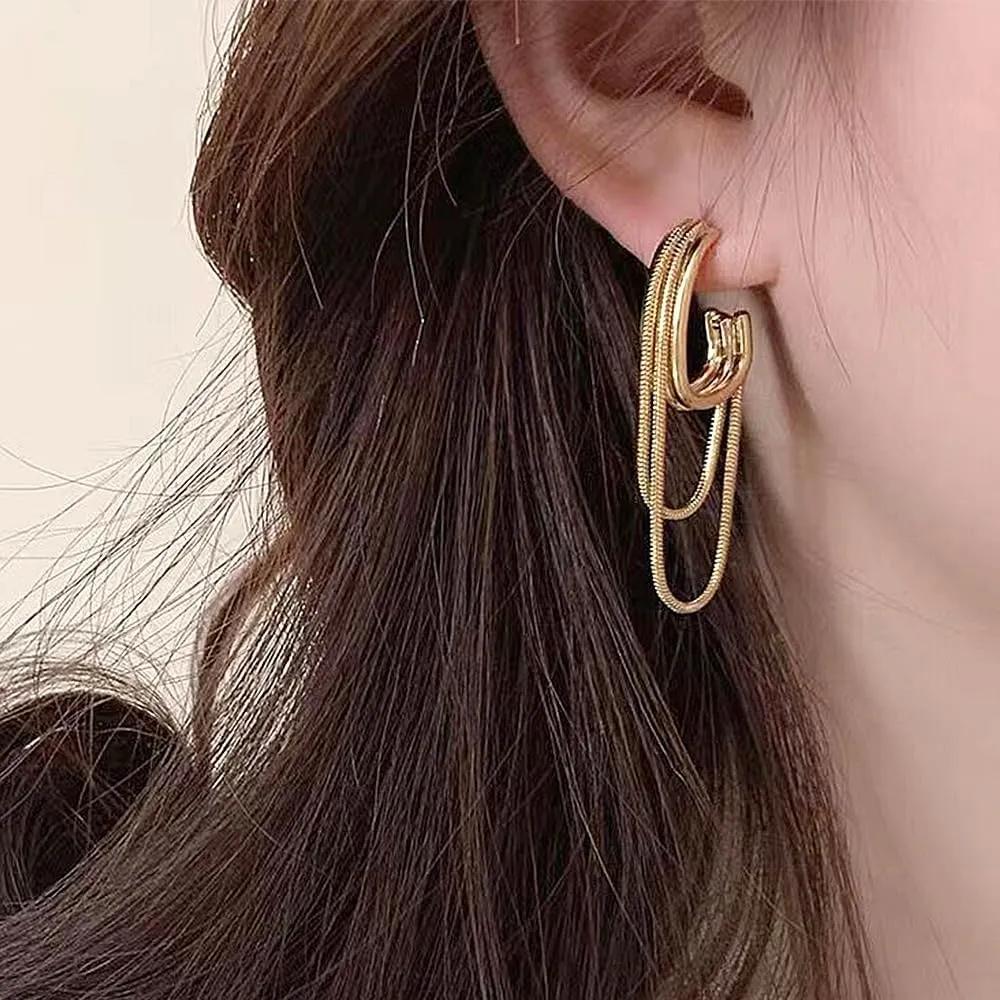 Gold Tassel Chain Hoop Dangle Earring for Women,Trendy Geometric Silver Layered Fringe Dangle Earrings for Prom Party Statement Earring
