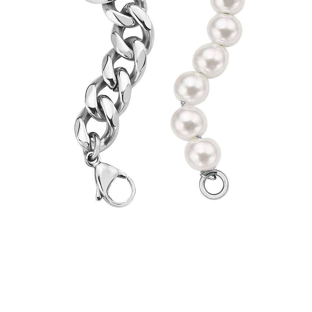 HALF WHITE 8MM WHITE PEARLS AND HALF 10MM CUBAN LINK BRACELET
