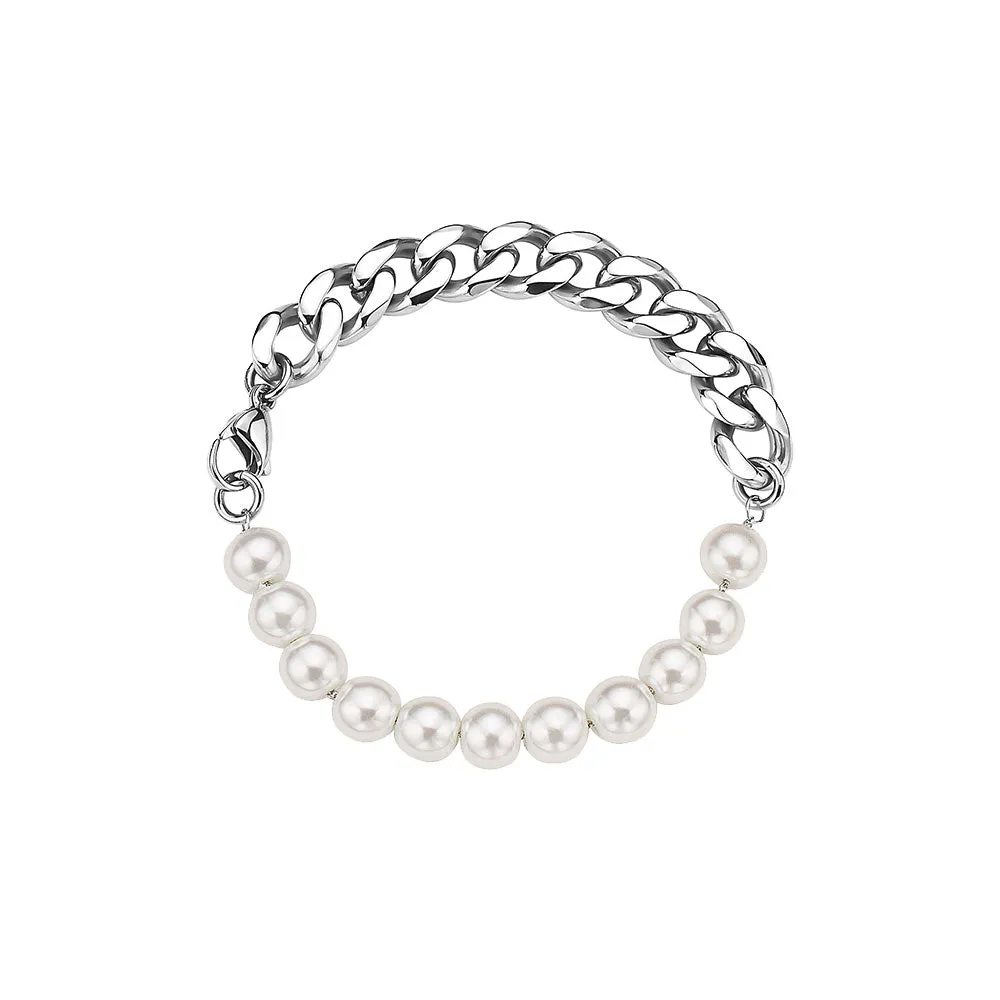 HALF WHITE 8MM WHITE PEARLS AND HALF 10MM CUBAN LINK BRACELET