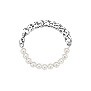 HALF WHITE 8MM WHITE PEARLS AND HALF 10MM CUBAN LINK BRACELET