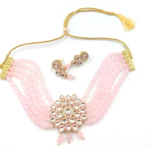 Handmade golden meenakari kundan chokar light pink color jewellery set