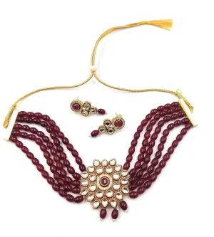 Handmade golden meenakari kundan chokar marron color jewellery set