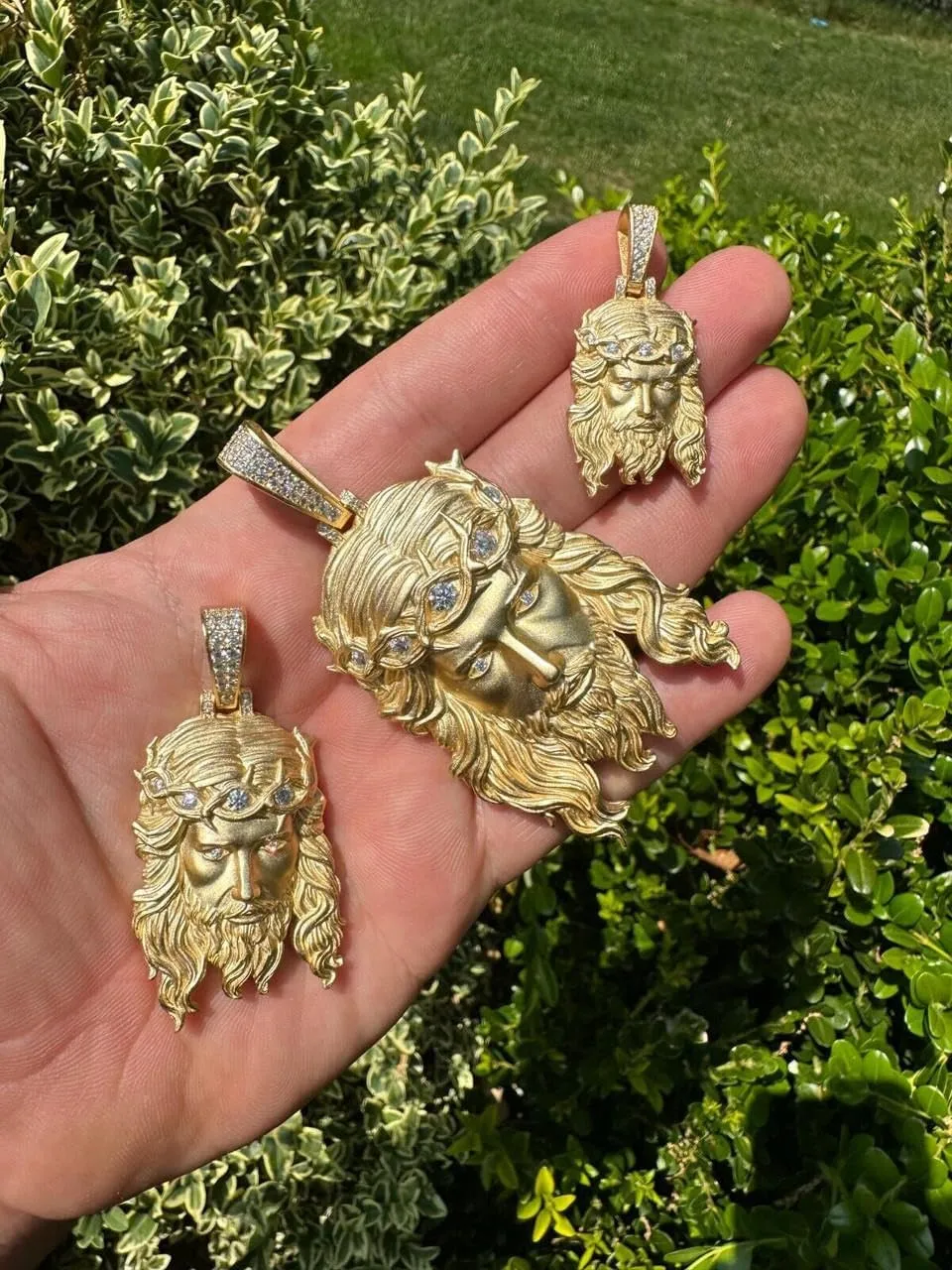 HarlemBling MOISSANITE - Jesus Piece Heavy Pendant Necklace - Very Detailed Solid Back 14k Gold Over 925 Silver Matte Sandblasted Finish - 3 Sizes