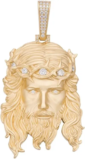 HarlemBling MOISSANITE - Jesus Piece Heavy Pendant Necklace - Very Detailed Solid Back 14k Gold Over 925 Silver Matte Sandblasted Finish - 3 Sizes