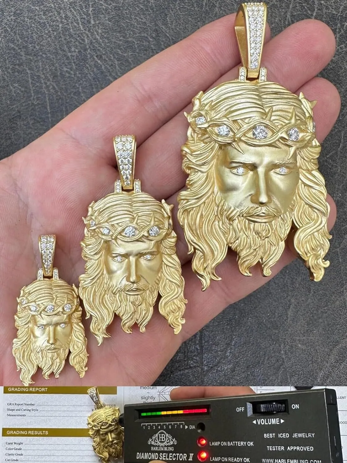HarlemBling MOISSANITE - Jesus Piece Heavy Pendant Necklace - Very Detailed Solid Back 14k Gold Over 925 Silver Matte Sandblasted Finish - 3 Sizes