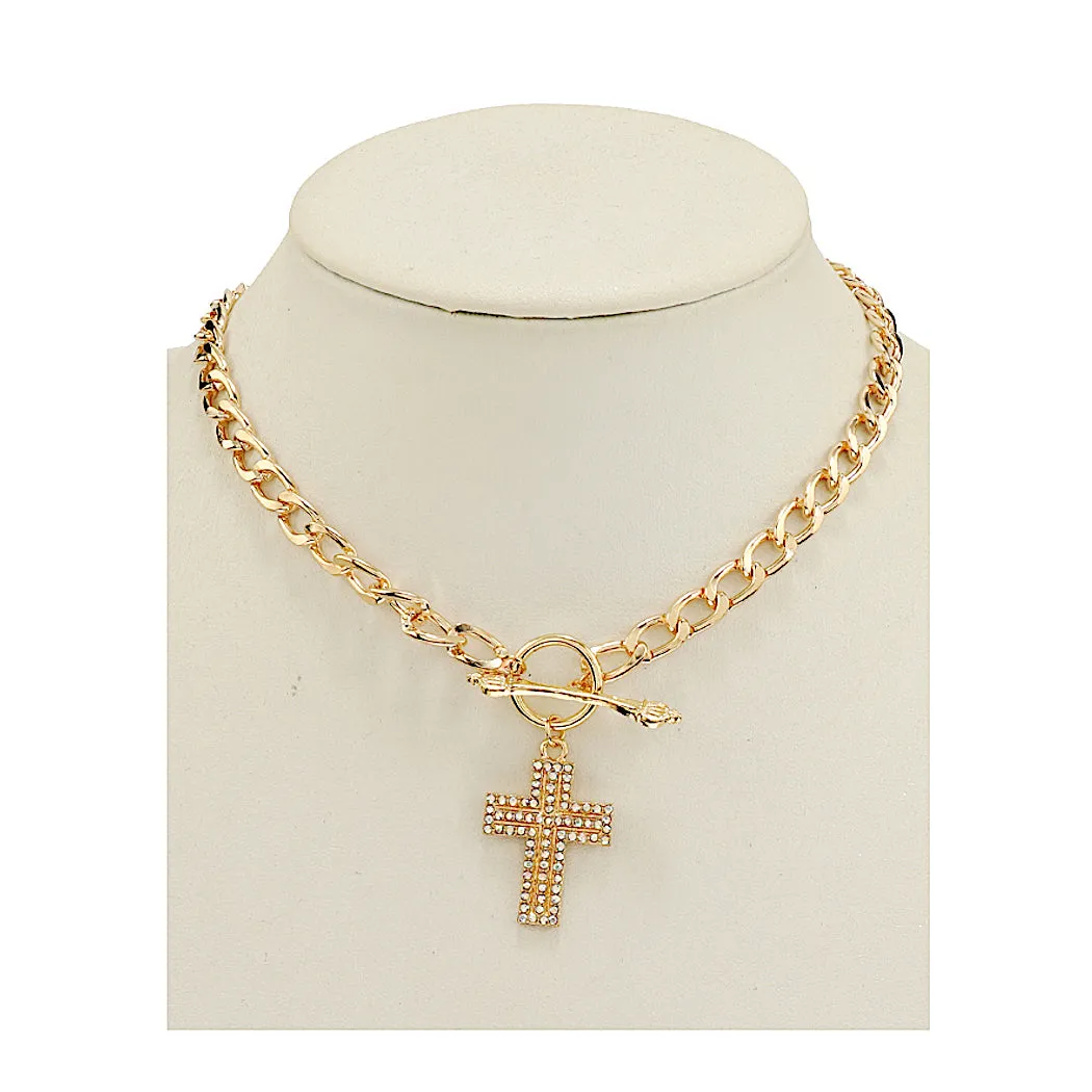 JAN46935 - Rhinestone Cross Chain Link Necklace