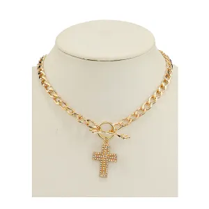 JAN46935 - Rhinestone Cross Chain Link Necklace