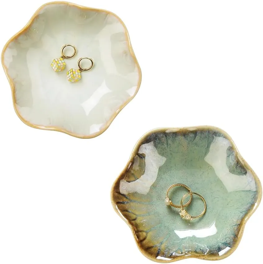 Lotus Leaf Shape Ring Holder Dish, Small Key Bowl, Ceramic Trinket Tray Jewelry Dish Organizing Necklace Earrings for Mom Friend Sister. All Jewelries Are NOT Included. Crystal Green.