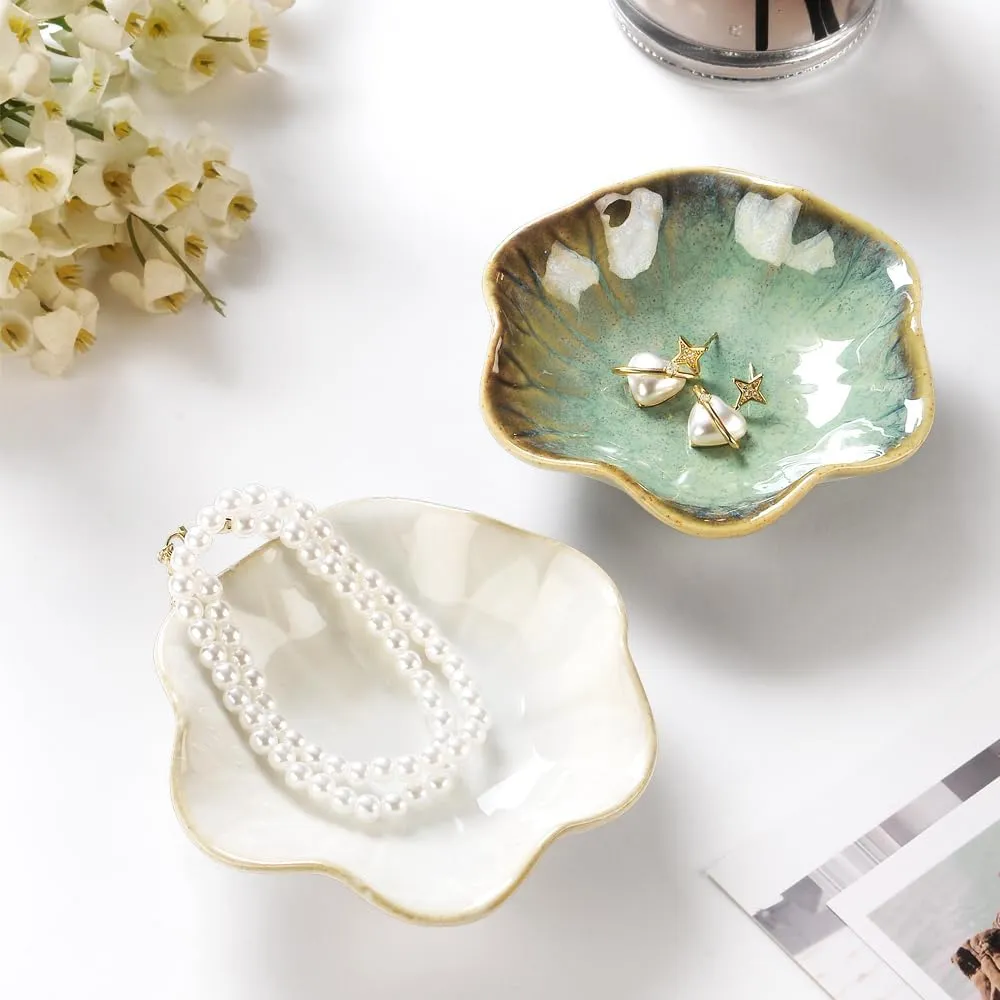 Lotus Leaf Shape Ring Holder Dish, Small Key Bowl, Ceramic Trinket Tray Jewelry Dish Organizing Necklace Earrings for Mom Friend Sister. All Jewelries Are NOT Included. Crystal Green.