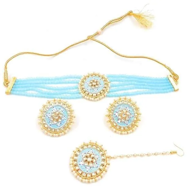 Meenakari designer kundan chokar light sky blue color jewellery set