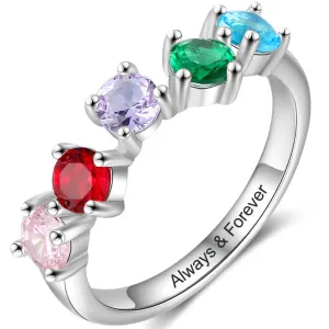 Minimalist 5 Birthstone Mother's Ring - Personalized Band Inner Engraving