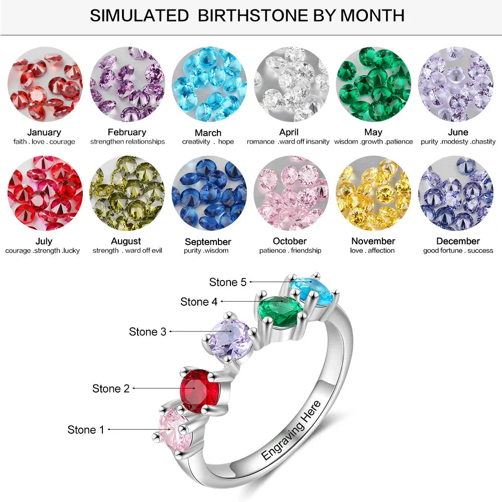 Minimalist 5 Birthstone Mother's Ring - Personalized Band Inner Engraving