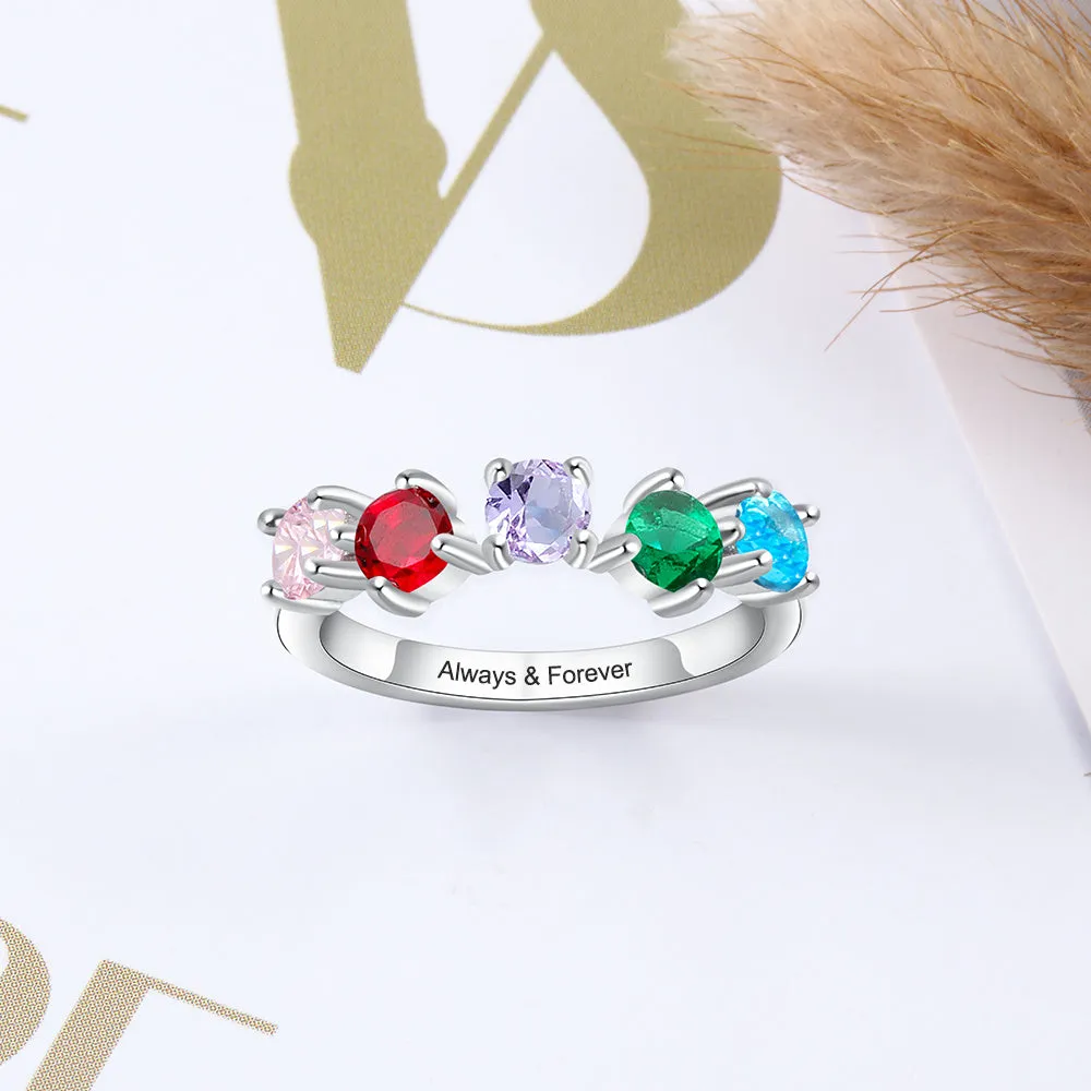 Minimalist 5 Birthstone Mother's Ring - Personalized Band Inner Engraving