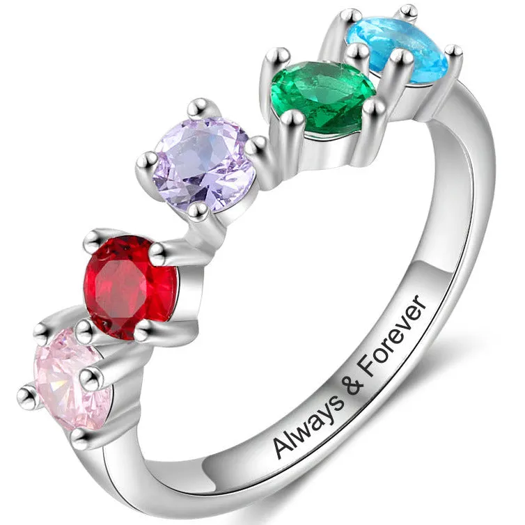 Minimalist 5 Birthstone Mother's Ring - Personalized Band Inner Engraving