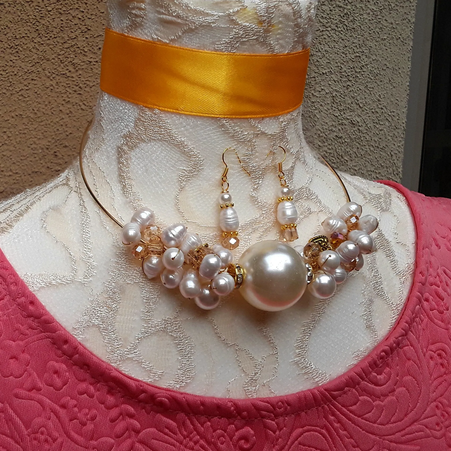 Modern Cluster Twisted Wire Freshwater Pearl Choker Set - Unique Pearl Gift for Her