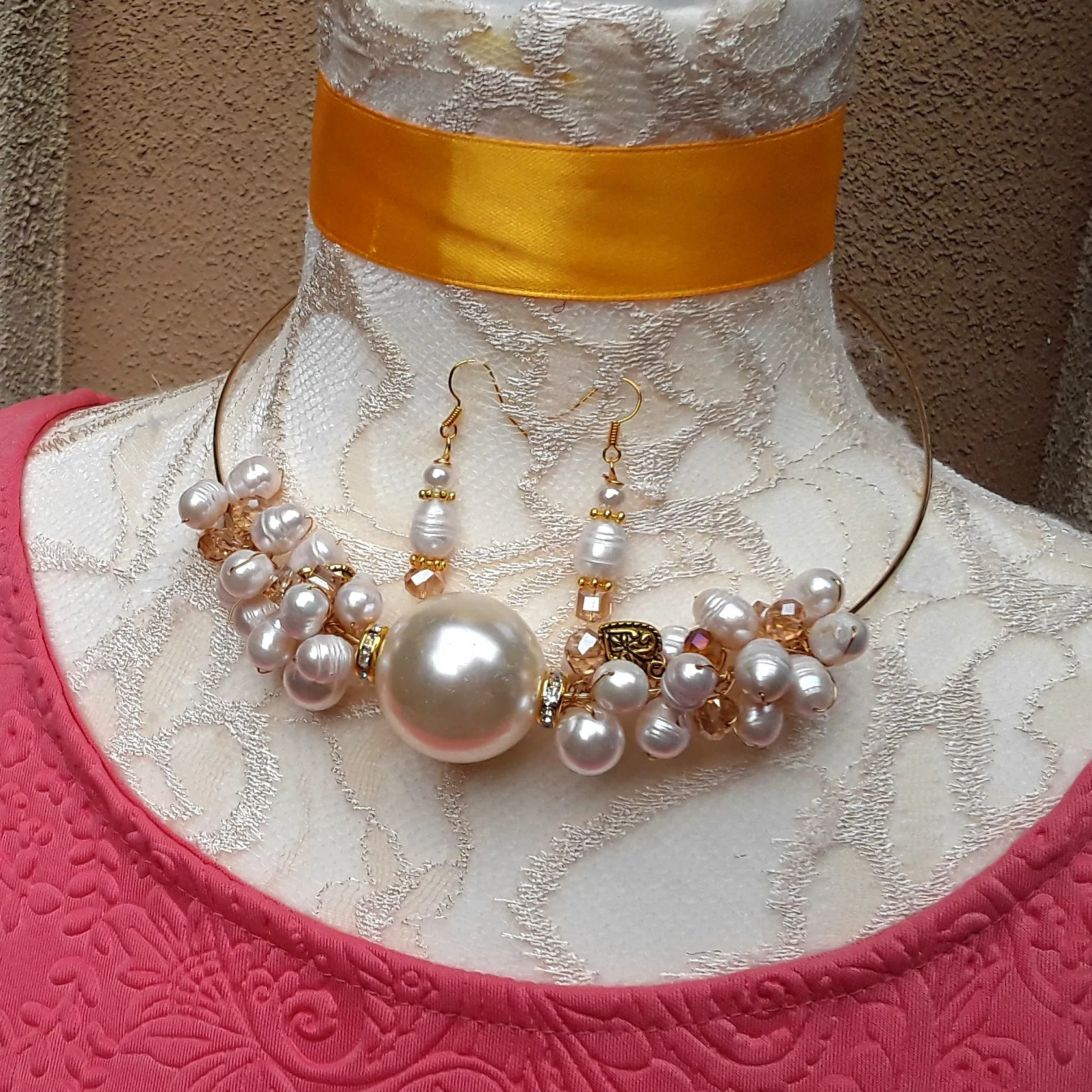 Modern Cluster Twisted Wire Freshwater Pearl Choker Set - Unique Pearl Gift for Her