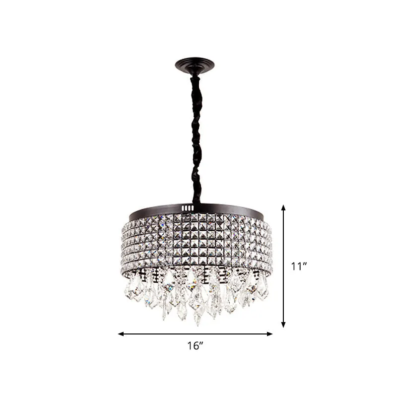Modernist Crystal Drum Chandelier with 5 Lights, Black Finish & Droplet Accents