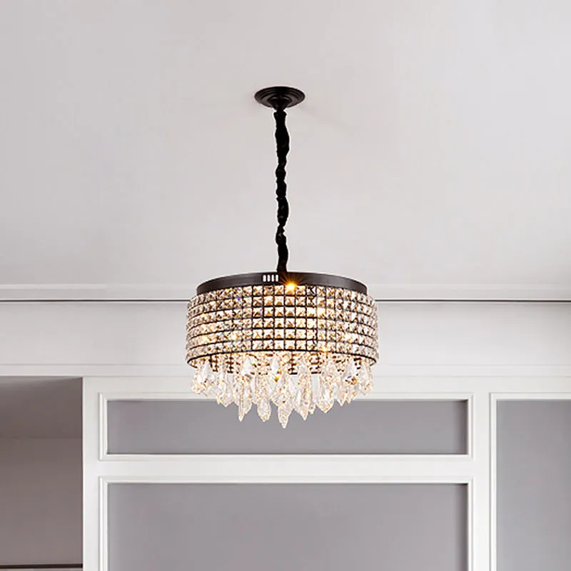 Modernist Crystal Drum Chandelier with 5 Lights, Black Finish & Droplet Accents