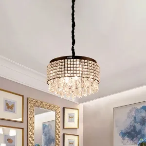 Modernist Crystal Drum Chandelier with 5 Lights, Black Finish & Droplet Accents