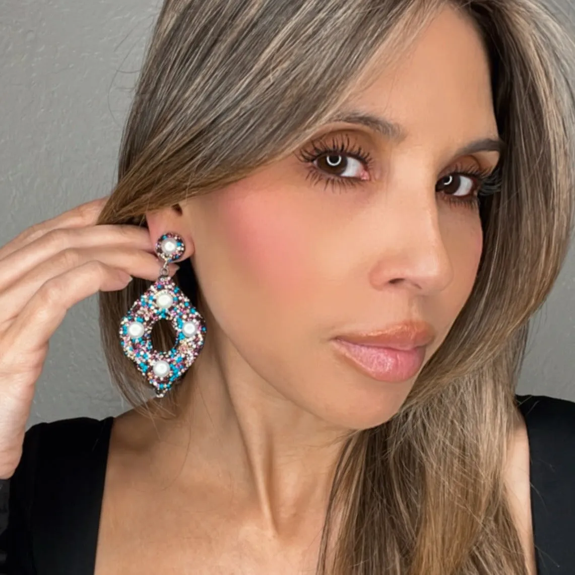 Multicolor Gemstone & Pearl Diamond Shaped Earring